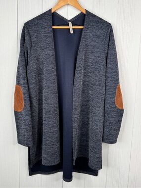 Gilli Navy Open-Front Cardigan with Brown Elbow Patches | Made in USA